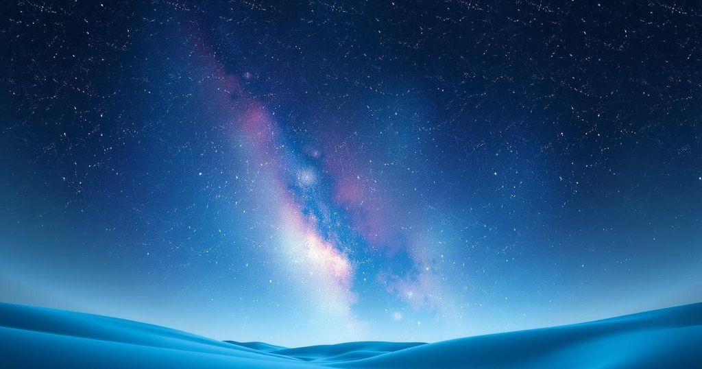 A serene cosmic scene with starry night sky, glowing constellations, and gentle colour gradients of blue and purple.