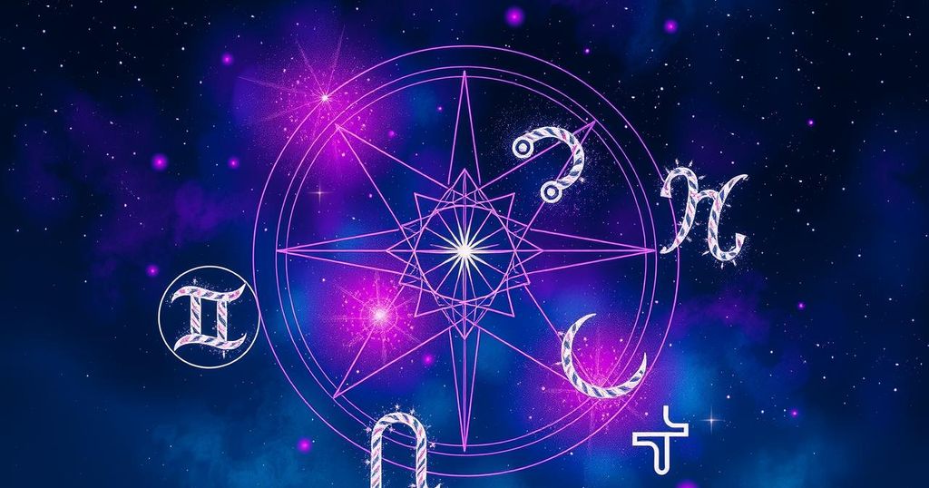 Astrological symbols with a starry background representing horoscope insights and future goals.
