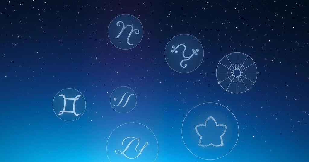 A serene landscape representing astrology, with stars, zodiac symbols, and a calming night sky in blues and purples.