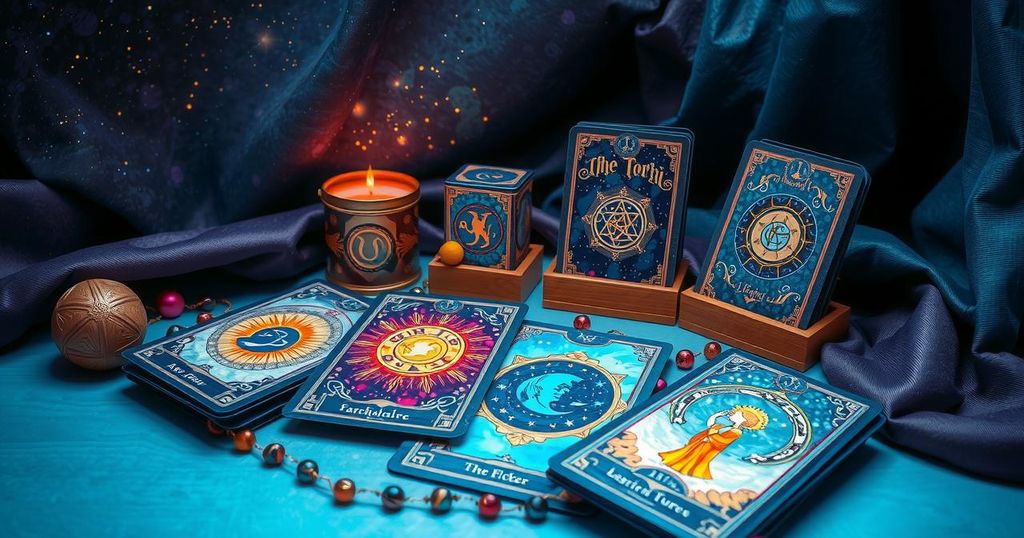 A mystical tarot card spread featuring astrological symbols, with a cosmic background in deep blues and purples.