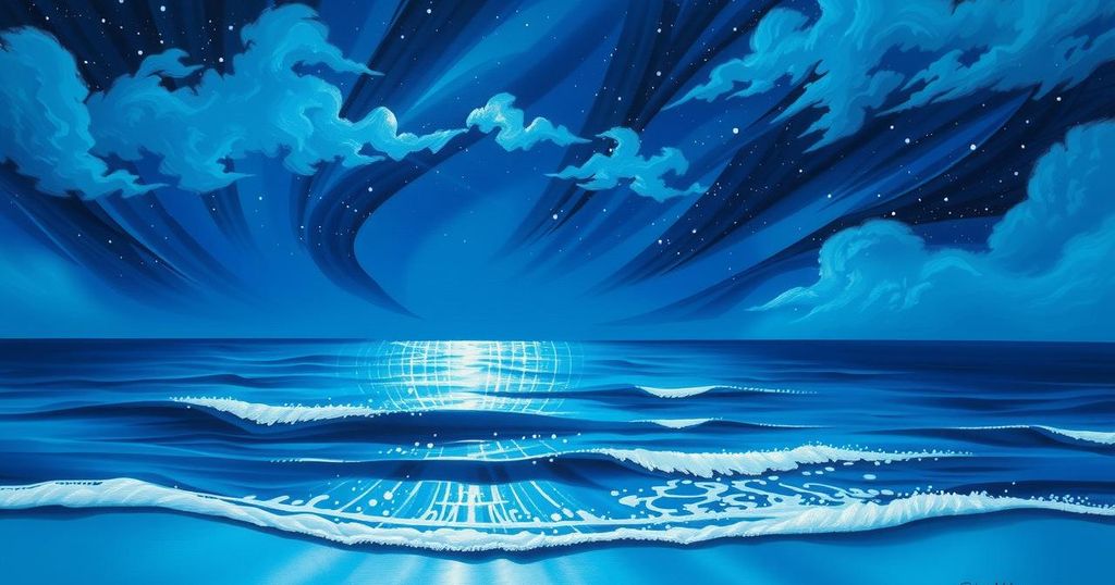A mystical landscape with a clear night sky, glowing stars, and gentle waves representing intuition and clarity.