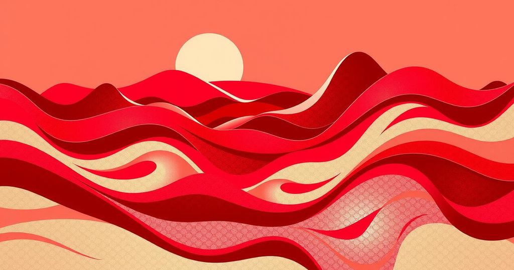 A vibrant ruby-red landscape with abstract shapes symbolising harmony and brotherhood, reflecting positivity and growth.