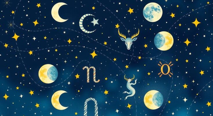 Celestial backdrop featuring zodiac signs, moon phases, and cosmic elements in vibrant colours with astrological motifs.