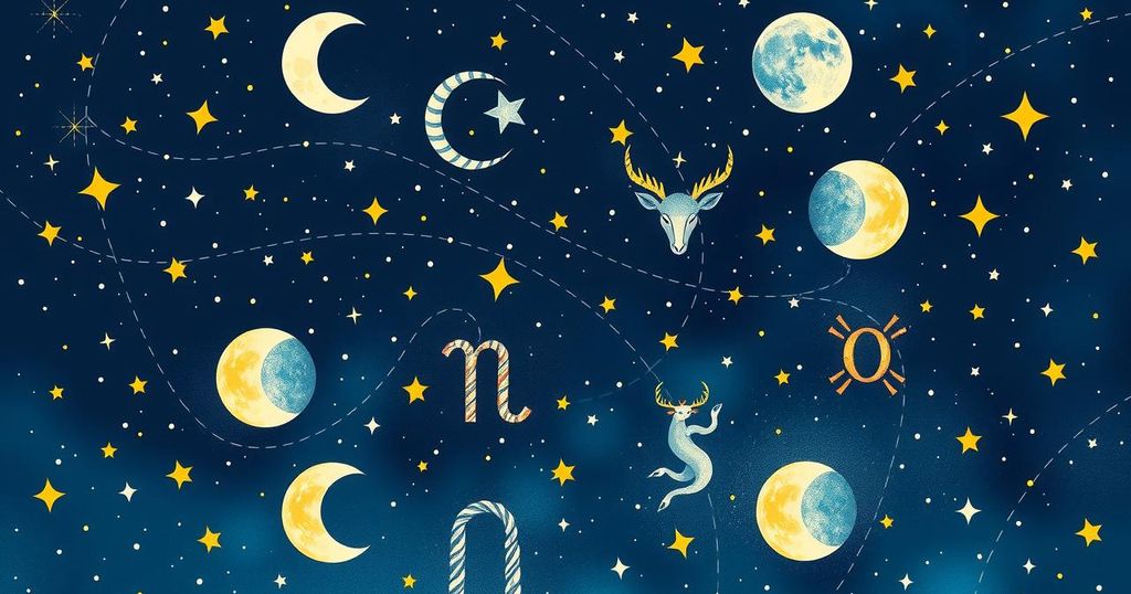 Celestial backdrop featuring zodiac signs, moon phases, and cosmic elements in vibrant colours with astrological motifs.
