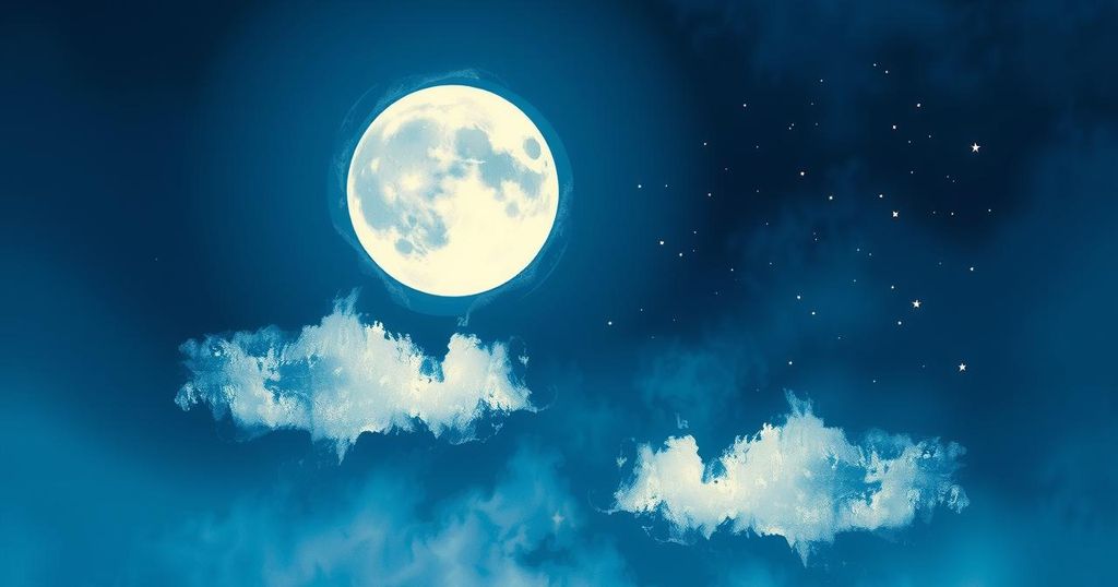 A serene night sky with a glowing moon transitioning from Aries to Taurus, capturing astrological themes and celestial beauty.