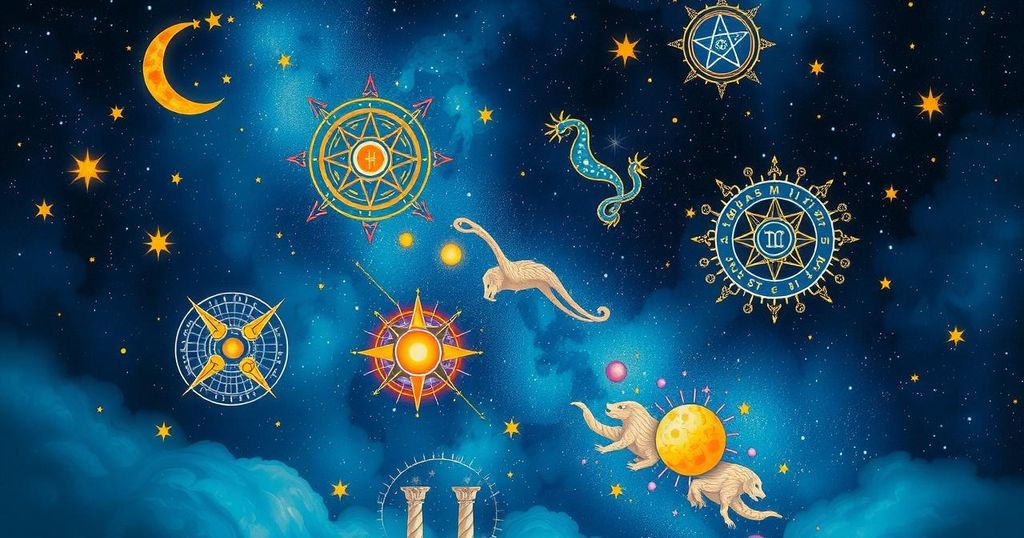 A vibrant cosmic scene with starry night sky, depicting astrological symbols and constellations in contrasting colours.