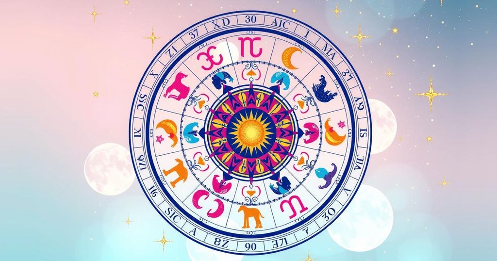A serene represented zodiac wheel with detailed celestial symbols, pastel hues, and cosmic patterns for astrology enthusiasts.