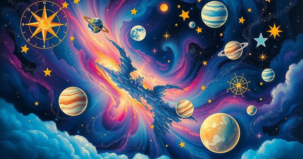 A colorful cosmic landscape with stars, planets, and celestial symbols, reflecting astrological themes and energies.