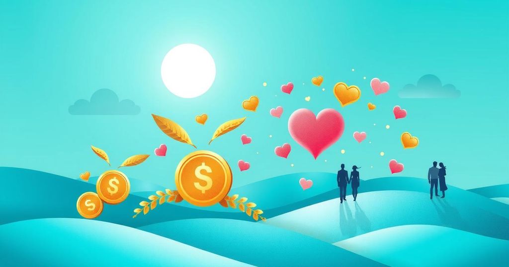 A vibrant aqua blue scene with symbols of prosperity, love, and harmony, signifying positive daily outcomes for Cancer.