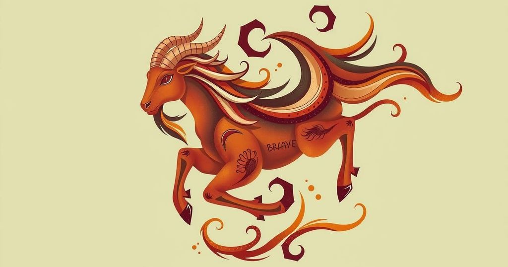 A vibrant digital artwork depicting a zodiac symbol in earthy tones with dynamic swirls, conveying courage and positivity.