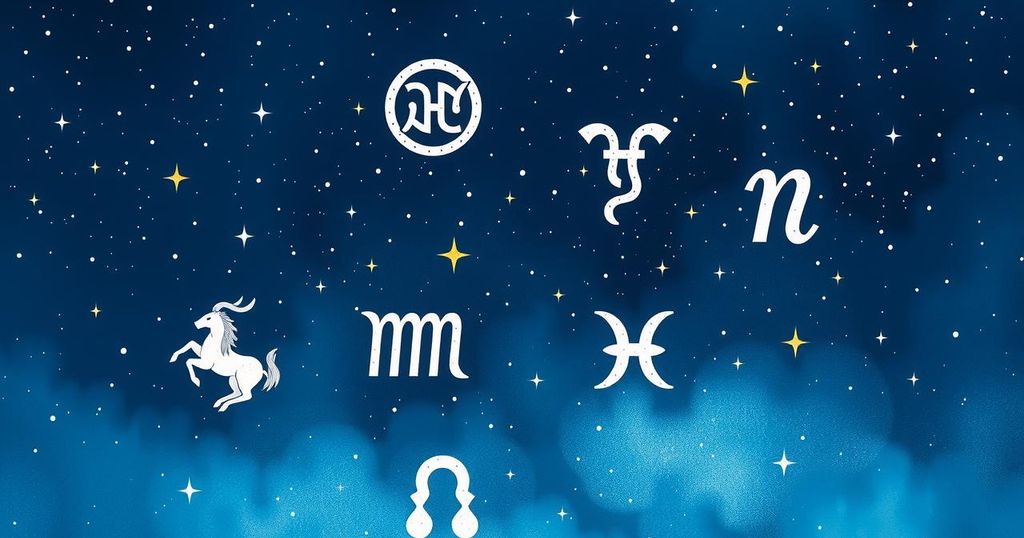 Astrological symbols representing zodiac signs with a starry night background and soft blue tones.