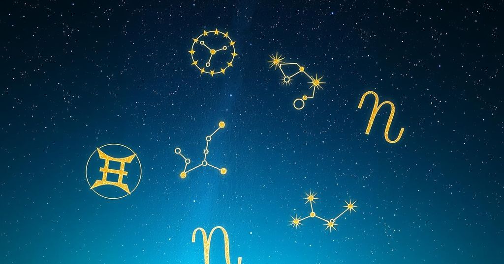 Astrological symbols against a starry background with zodiac constellations and soft blue and gold hues.