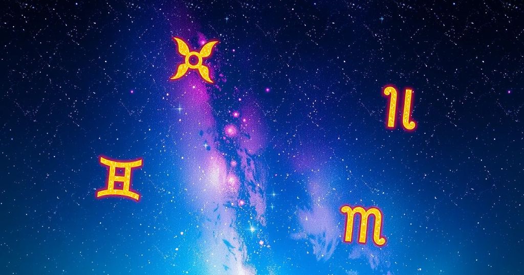 Astrological symbols and starry night background, showcasing five zodiac signs representing empowerment and creativity.