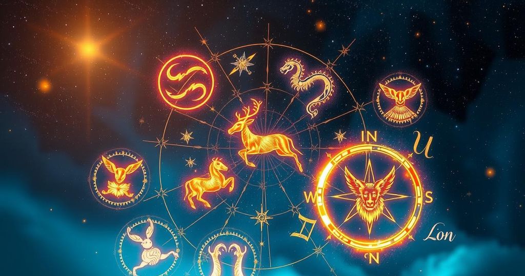 Astrological symbols and zodiac signs illuminated by celestial light, against a backdrop of deep blues and golds.