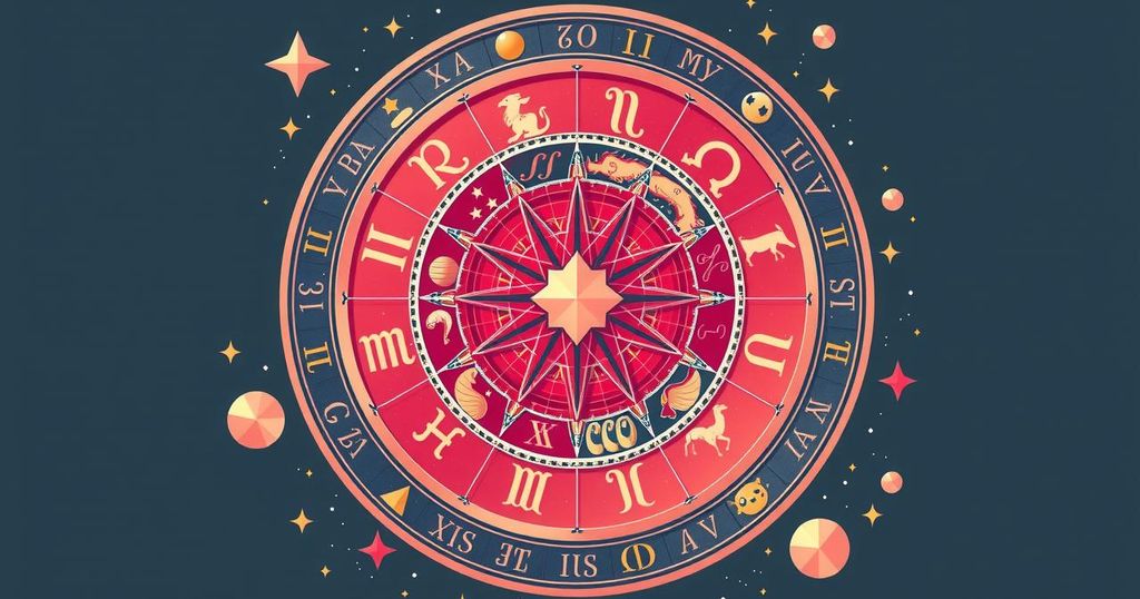 A vibrant astrological wheel featuring zodiac signs, stars and cosmic elements in bright colours reflecting positivity and fortune.