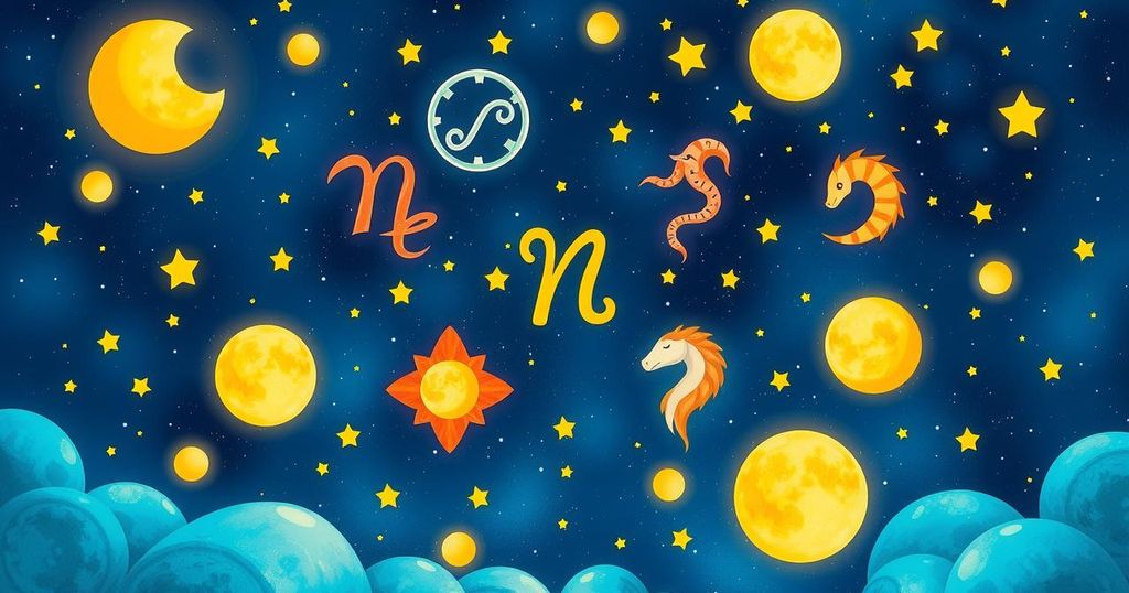 Astrological zodiac signs represented with celestial elements, vibrant stars and moons, vivid cosmic colours, playful atmosphere.
