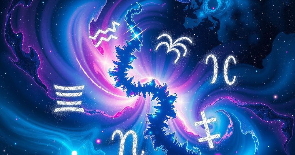 Colourful zodiac signs set against a cosmic backdrop of stars and planets representing astrological insights.