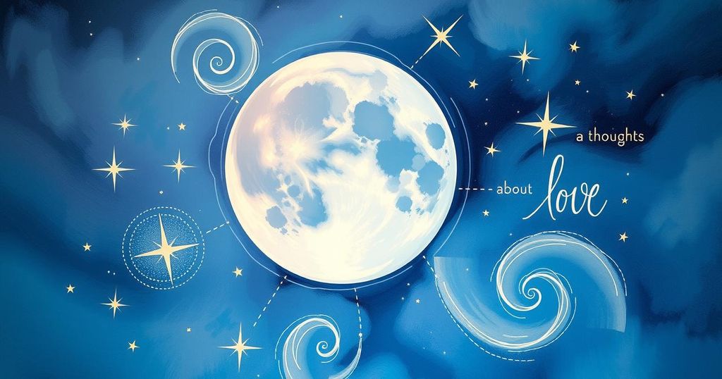 A whimsical moon surrounded by stars, with artistic swirls symbolizing emotions and love thoughts in calming hues.