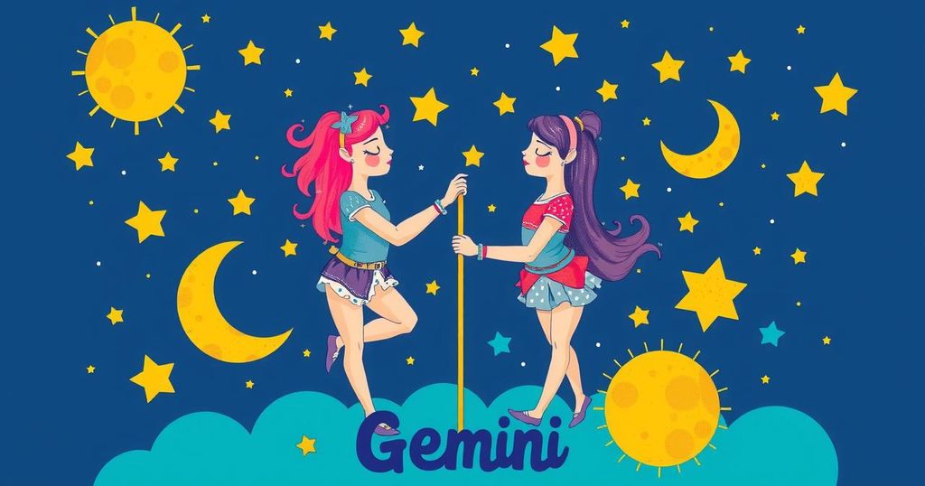 Astrological symbols with celestial elements and a Gemini theme, featuring bright colours and an artistic design.