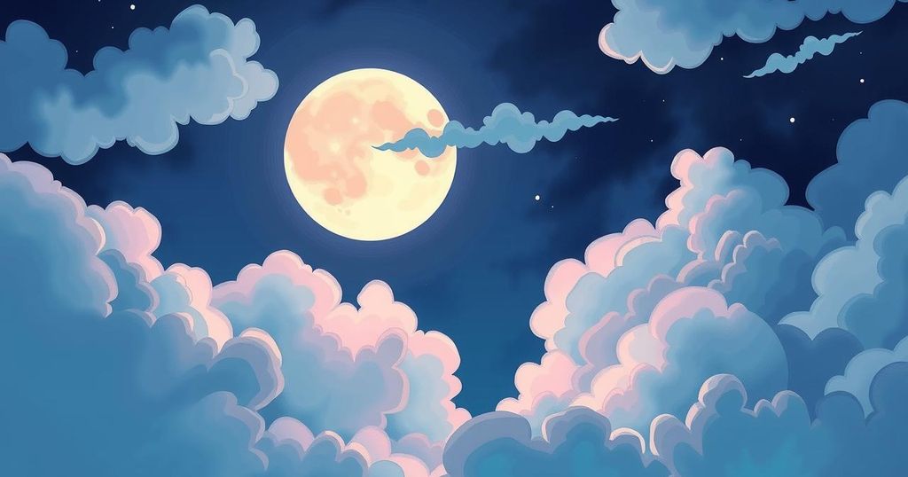 A celestial scene depicting a whimsical moon amidst swirling clouds in pastel hues, symbolising emotional connection and introspection.
