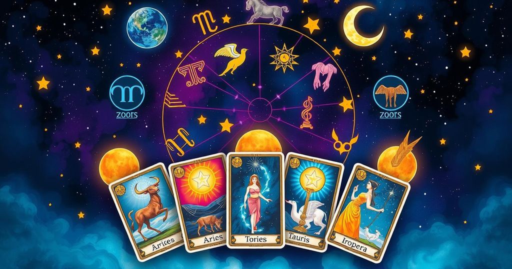 A mystical tarot deck surrounded by zodiac symbols, with a starry night background in a harmonious colour palette.