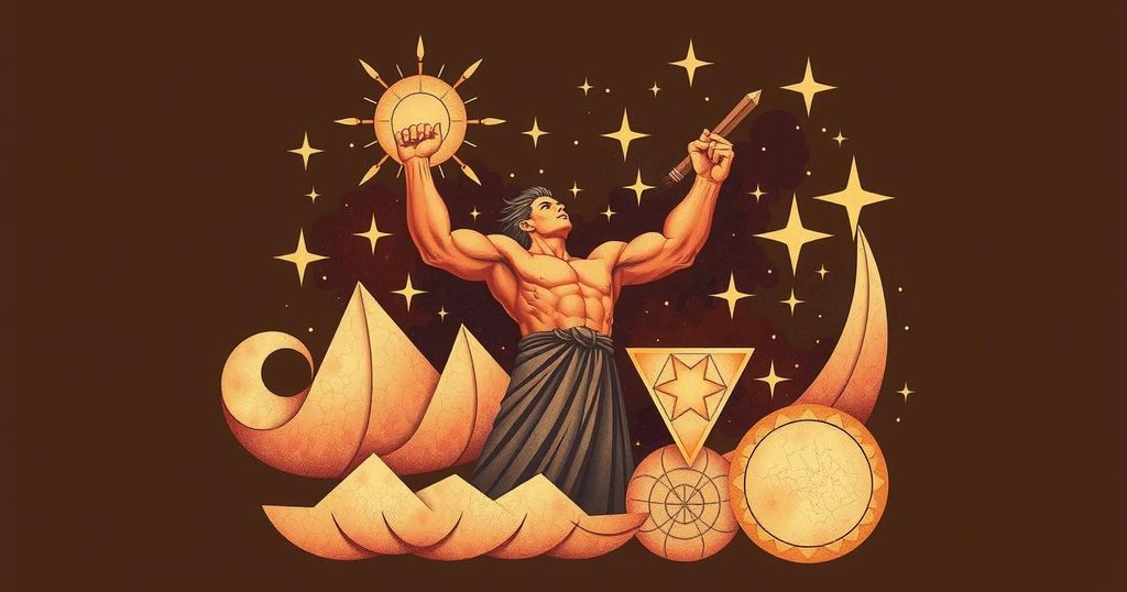 A vibrant representation of courage and ambition in a cosmic style, featuring brown hues and optimistic symbols.