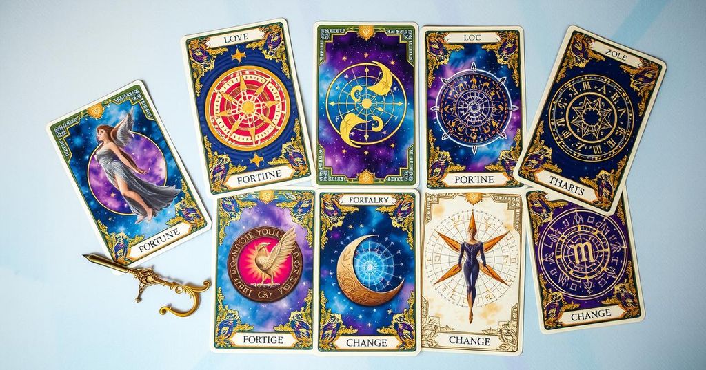 Tarot card theme with vibrant colours, showcasing different zodiac signs and tarot symbols in an artistic style.