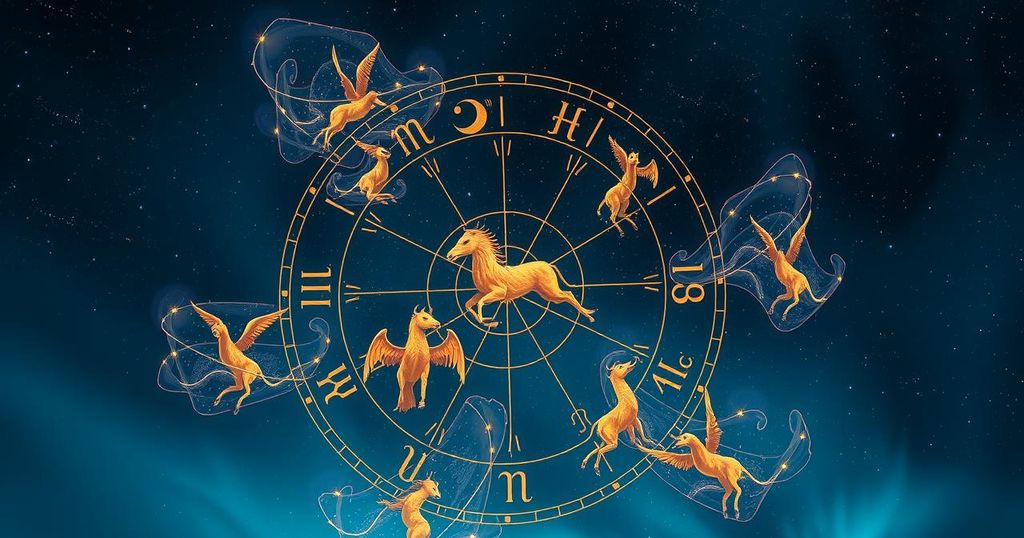 A zodiac wheel with astrological symbols on a starry background, featuring soft blues and golds for a mystical feel.