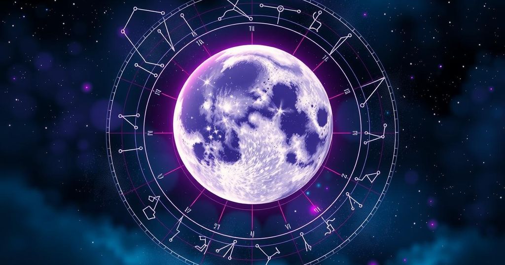 Astrological chart depicting full moon phases in Scorpio with star signs alignment and cosmic background.