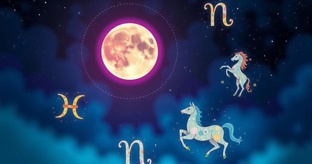 A celestial scene with a glowing First Quarter Moon surrounded by colourful zodiac symbols representing love and decision-making.