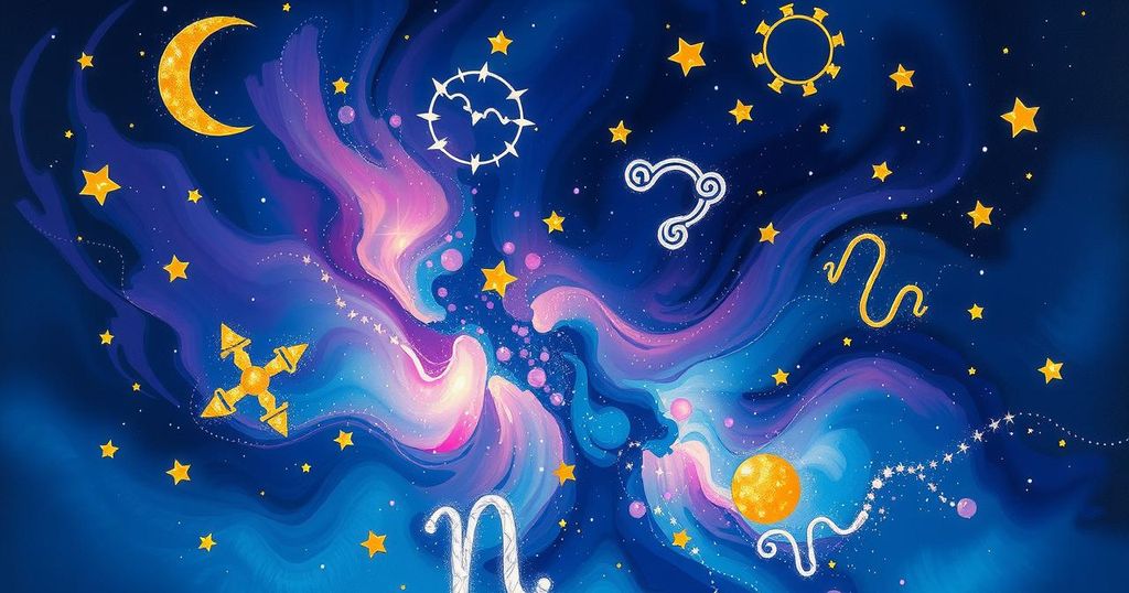 Astrology symbols and constellations overlaid on a night sky, with vibrant celestial colours creating a mystical atmosphere.