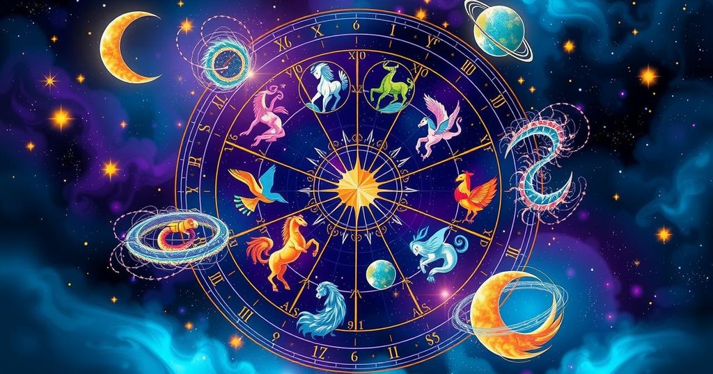 A colourful zodiac wheel depicting various astrological signs with celestial elements and a mystical aura.
