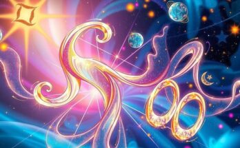 Astrological symbols surrounded by vibrant cosmic colours symbolising abundance and new beginnings for zodiac signs.