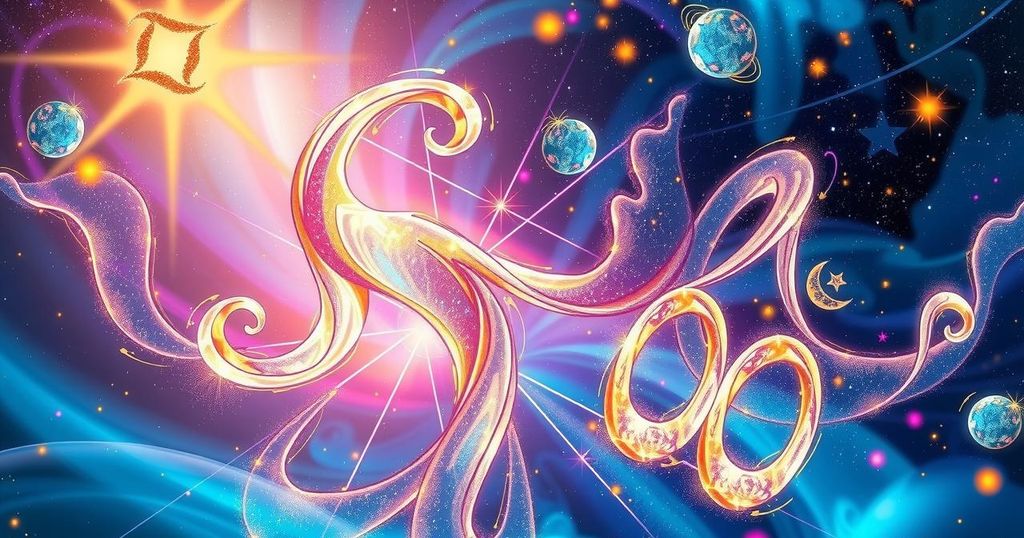 Astrological symbols surrounded by vibrant cosmic colours symbolising abundance and new beginnings for zodiac signs.