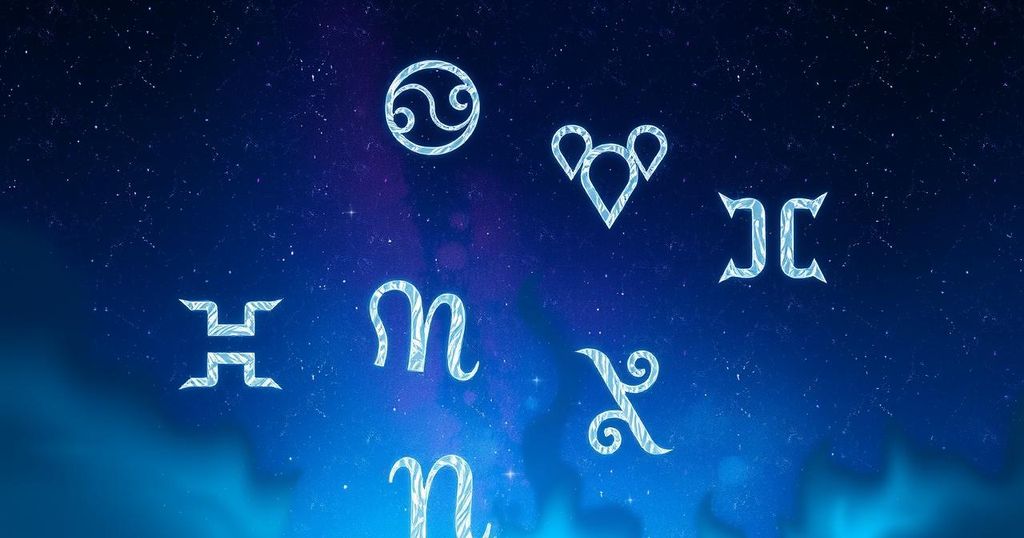 Celestial background with zodiac symbols, stars, and a mystical colour palette of deep blues and purples.