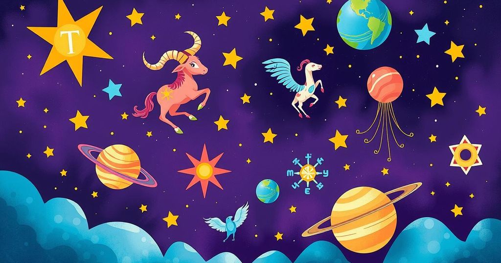 A cosmic scene with zodiac symbols, stars and planets in a vibrant celestial colour scheme, illustrating horoscopes.