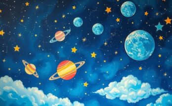 Starry night sky with constellation patterns, vibrant colours, and dreamy elements representing astrological inspiration.
