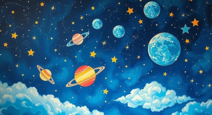 Starry night sky with constellation patterns, vibrant colours, and dreamy elements representing astrological inspiration.
