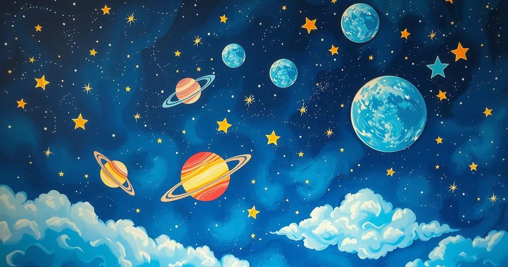 Starry night sky with constellation patterns, vibrant colours, and dreamy elements representing astrological inspiration.