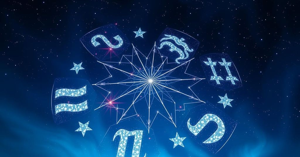 Astrological symbols representing love, career, and finance predictions for all zodiac signs in a cosmic design.