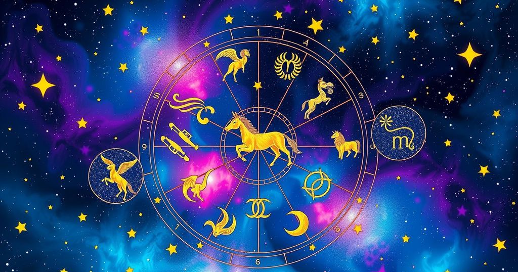A celestial scene featuring the twelve zodiac symbols surrounded by stars and a vibrant cosmic background.