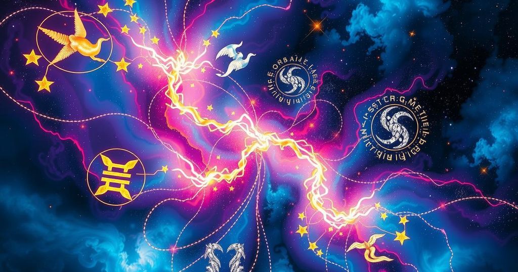 Astrological elements symbolizing the zodiac signs, with a powerful cosmic background and vibrant colors reflecting energy shifts.