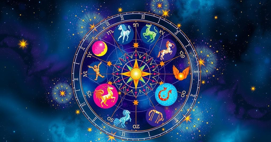 A vibrant zodiac wheel showcasing symbols of star signs with cosmic background in bright colours, symbolising astrology.