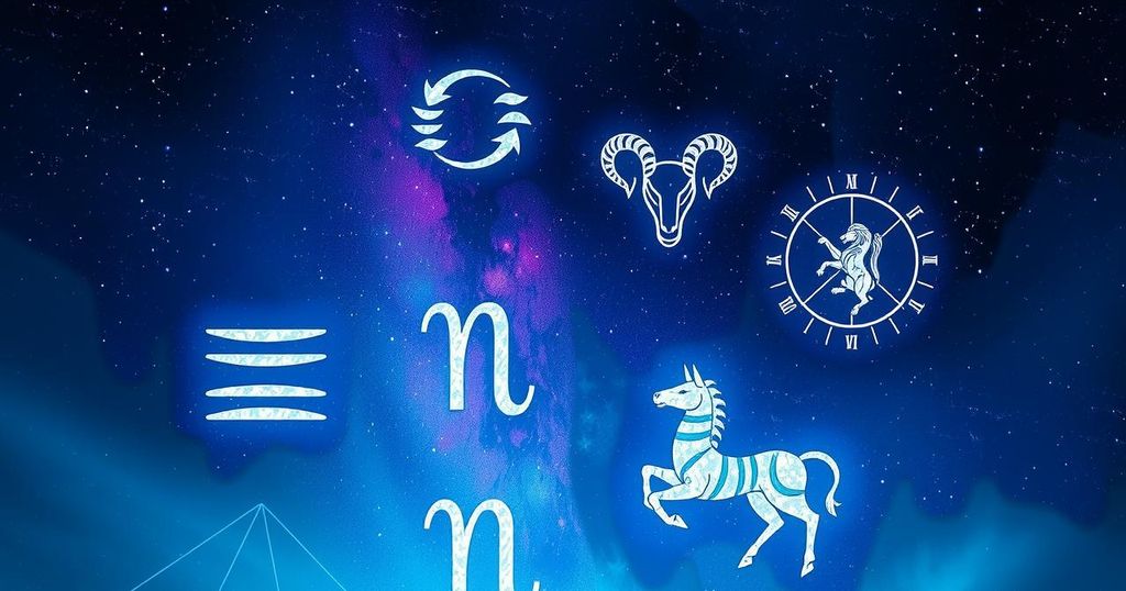 Astrological symbols representing the five zodiac signs with cosmic elements in a mystical night sky.