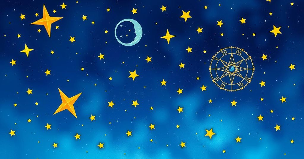 A celestial theme with vibrant stars and astrological symbols in a cosmic night setting.