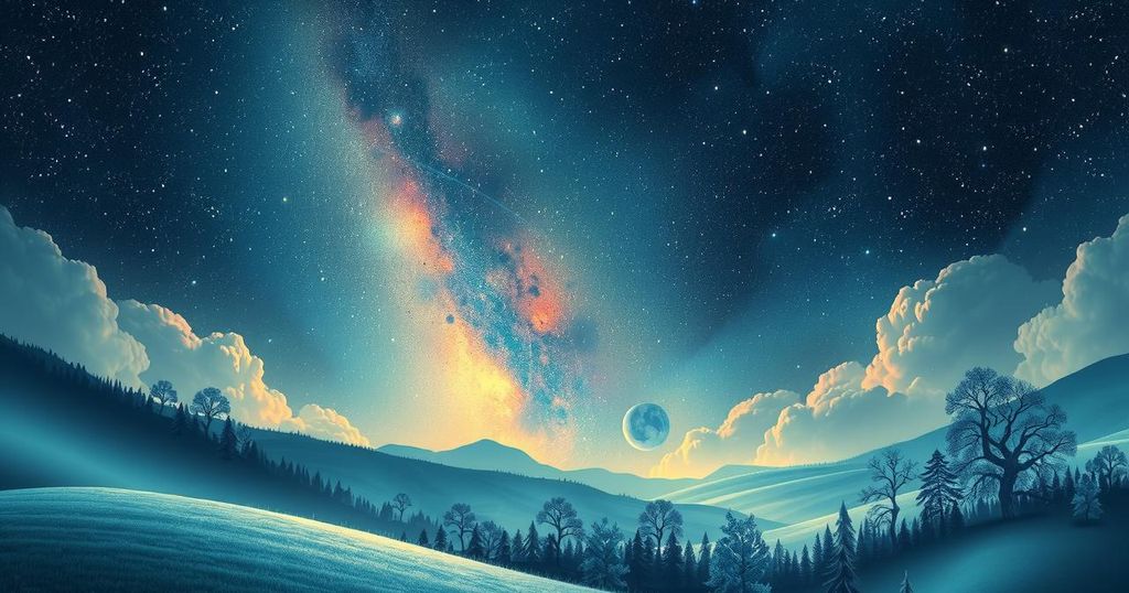 Starry night sky with zodiac constellations and a mystical landscape beneath, depicting astrological themes.