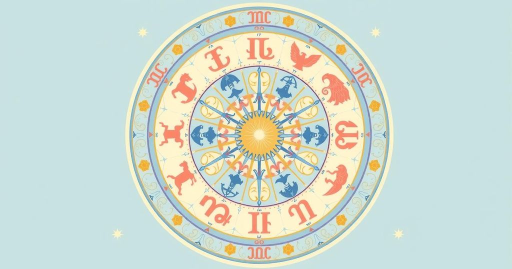 A zodiac wheel featuring symbols and colours representing each astrological sign for daily horoscopes.