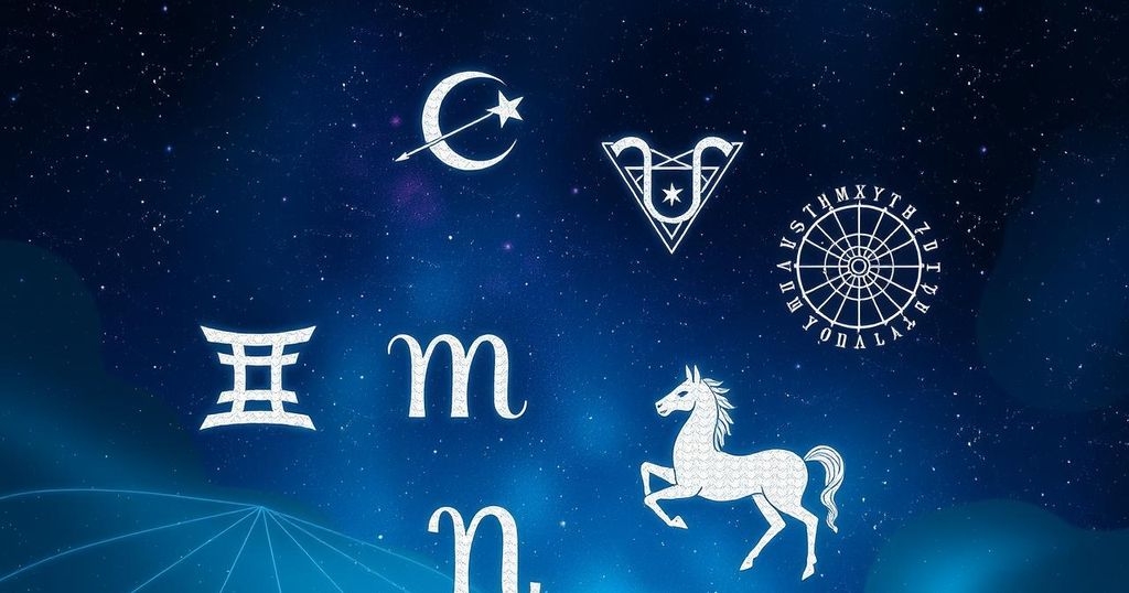 Zodiac signs with astrological symbols set against a starry night sky in deep blues and purples.