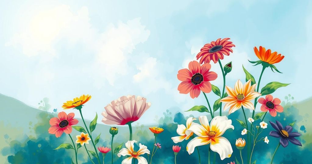 A serene scene depicting a calming light blue landscape with a flourishing garden and vibrant flowers.