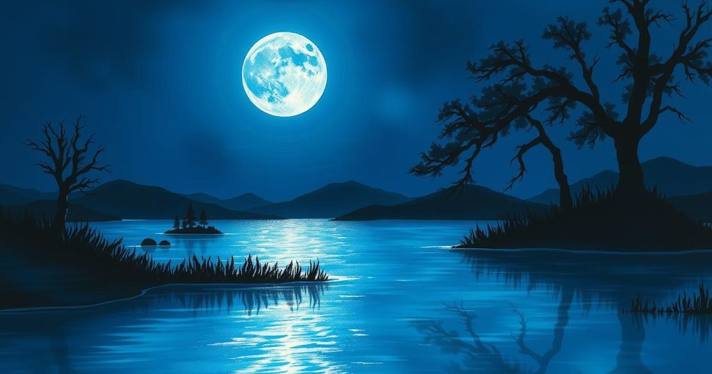 A Scorpio Full Moon illuminating a night sky, casting shadows over a calm landscape, with mystical colors and cosmic patterns.